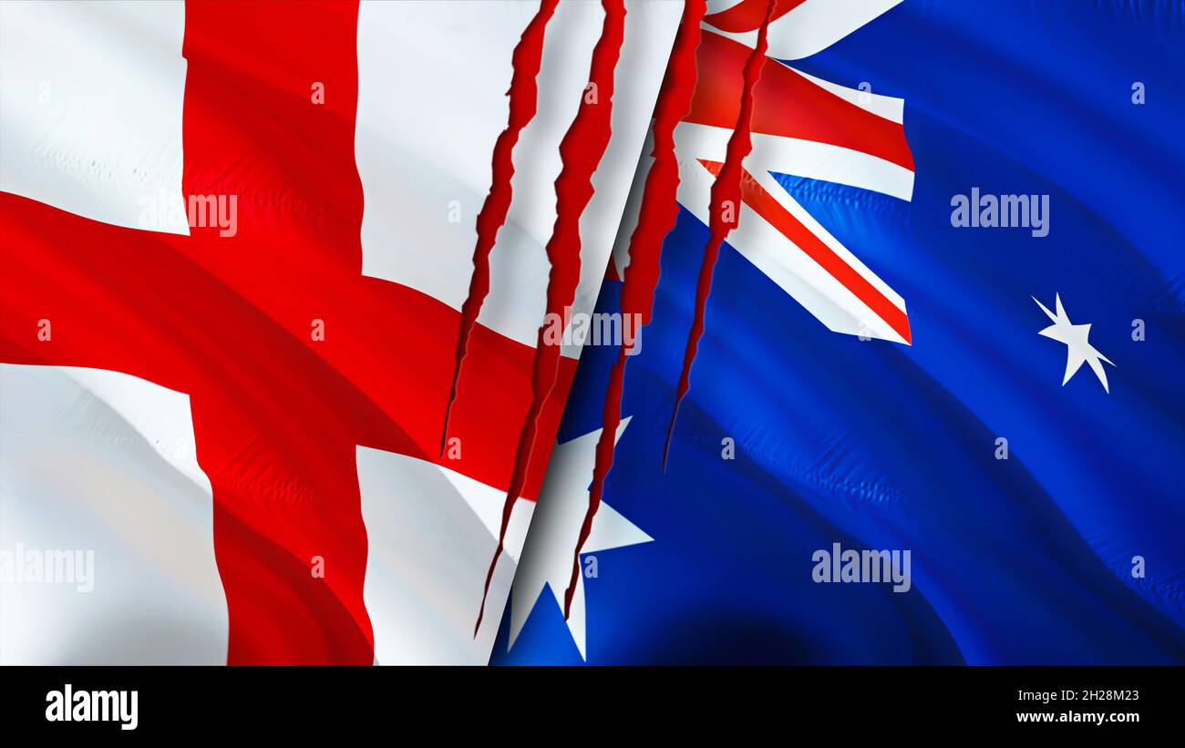 England and Australia flags with scar concept. Waving flag,3D rendering