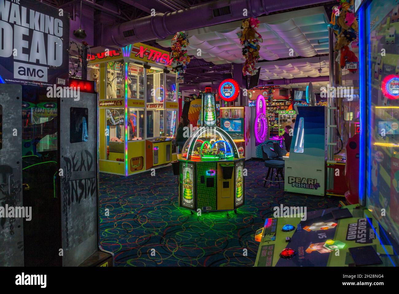 Colorful arcade at The Island recreation center in Pigeon Forge, Tennessee Stock Photo
