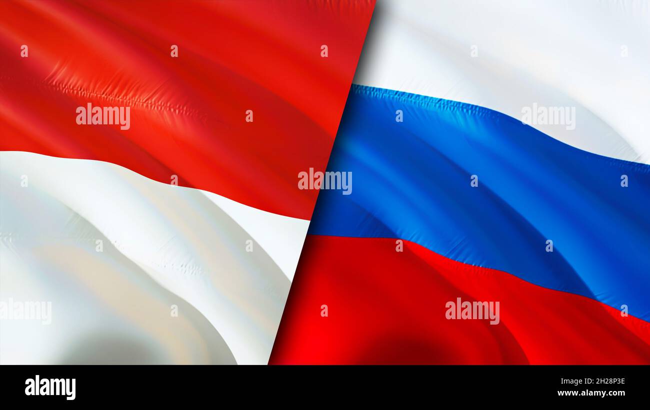 Indonesia and Russia flags. 3D Waving flag design. Indonesia Russia flag, picture, wallpaper. Indonesia vs Russia image,3D rendering. Indonesia Russia Stock Photo