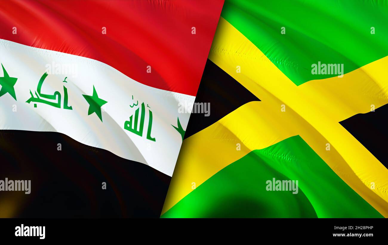 Iraq and Jamaica flags. 3D Waving flag design. Jamaica Iraq flag, picture, wallpaper. Iraq vs Jamaica image,3D rendering. Iraq Jamaica relations allia Stock Photo