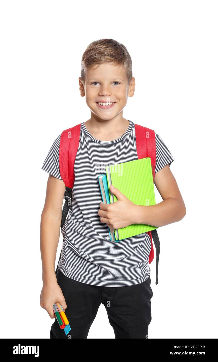 Little boy with backpack and notebooks on white background. Stationery