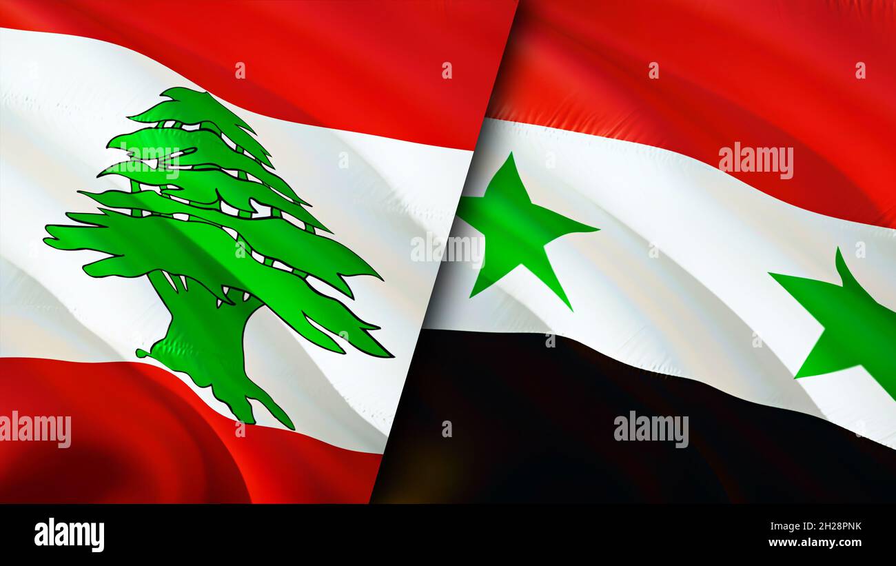 Lebanon and Syria flags. 3D Waving flag design. Lebanon Syria flag