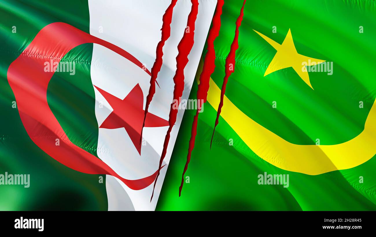 Algeria and Mauritania flags with scar concept. Waving flag 3D