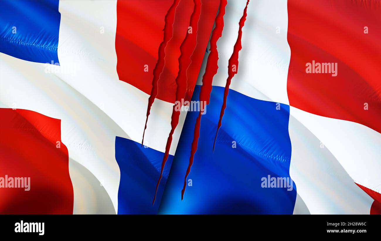 Dominicana and Panama flags with scar concept. Waving flag,3D rendering. Panama and Dominican Republic conflict concept. Dominican Republic Panama rel Stock Photo