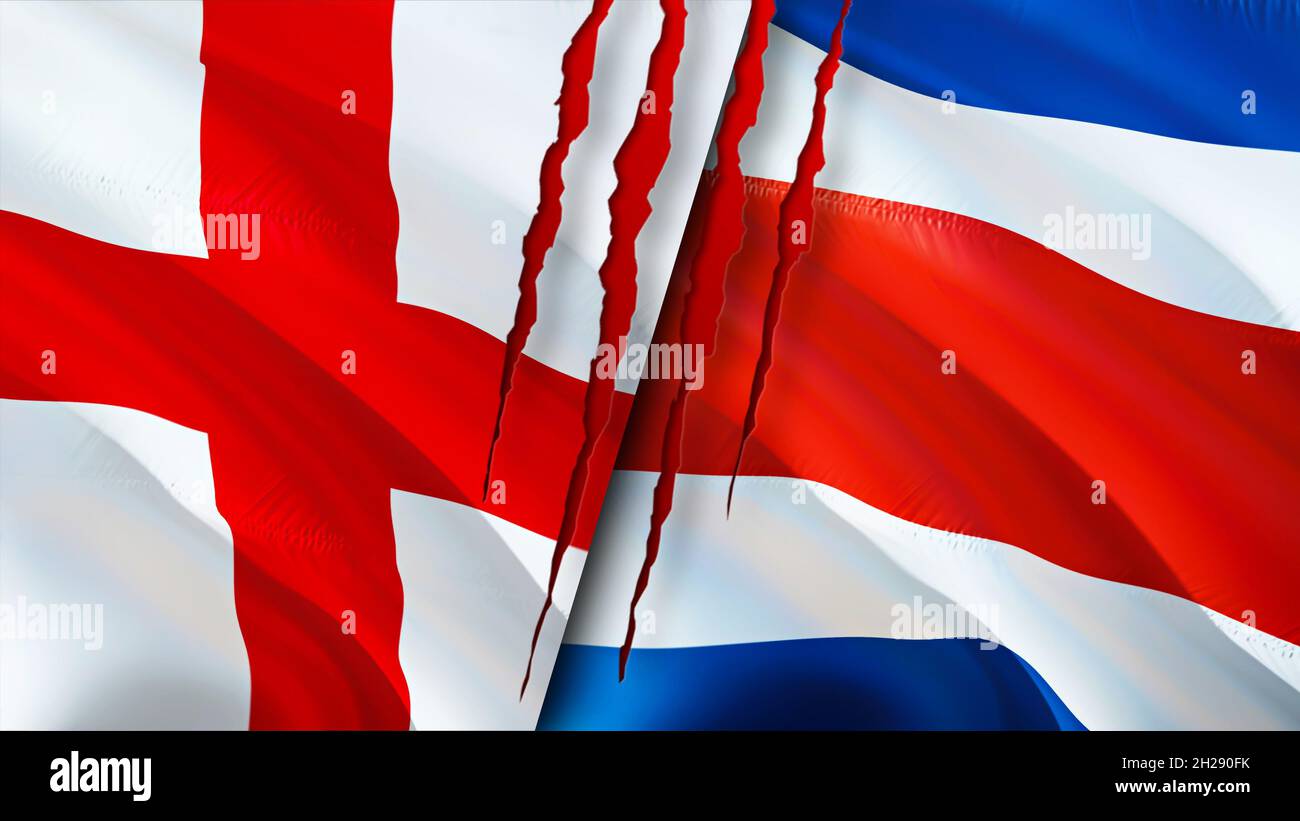 England and Costa Rica flags with scar concept. Waving flag,3D