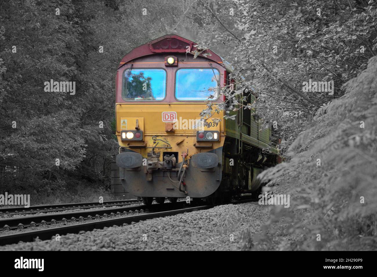 Class 66 diesel freight locomotive hauls cargo through the English countryside, Eckington, North East Derbyshire Stock Photo