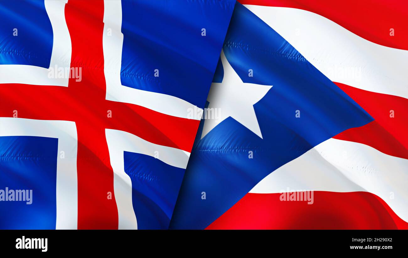 Iceland and Puerto Rico flags. 3D Waving flag design. Puerto Rico