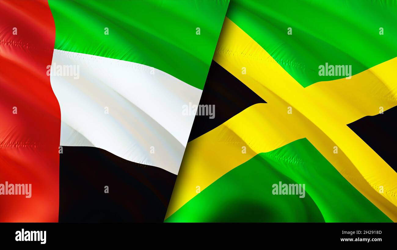 Emirates and Jamaica flags. 3D Waving flag design. Jamaica United Arab Emirates flag, picture