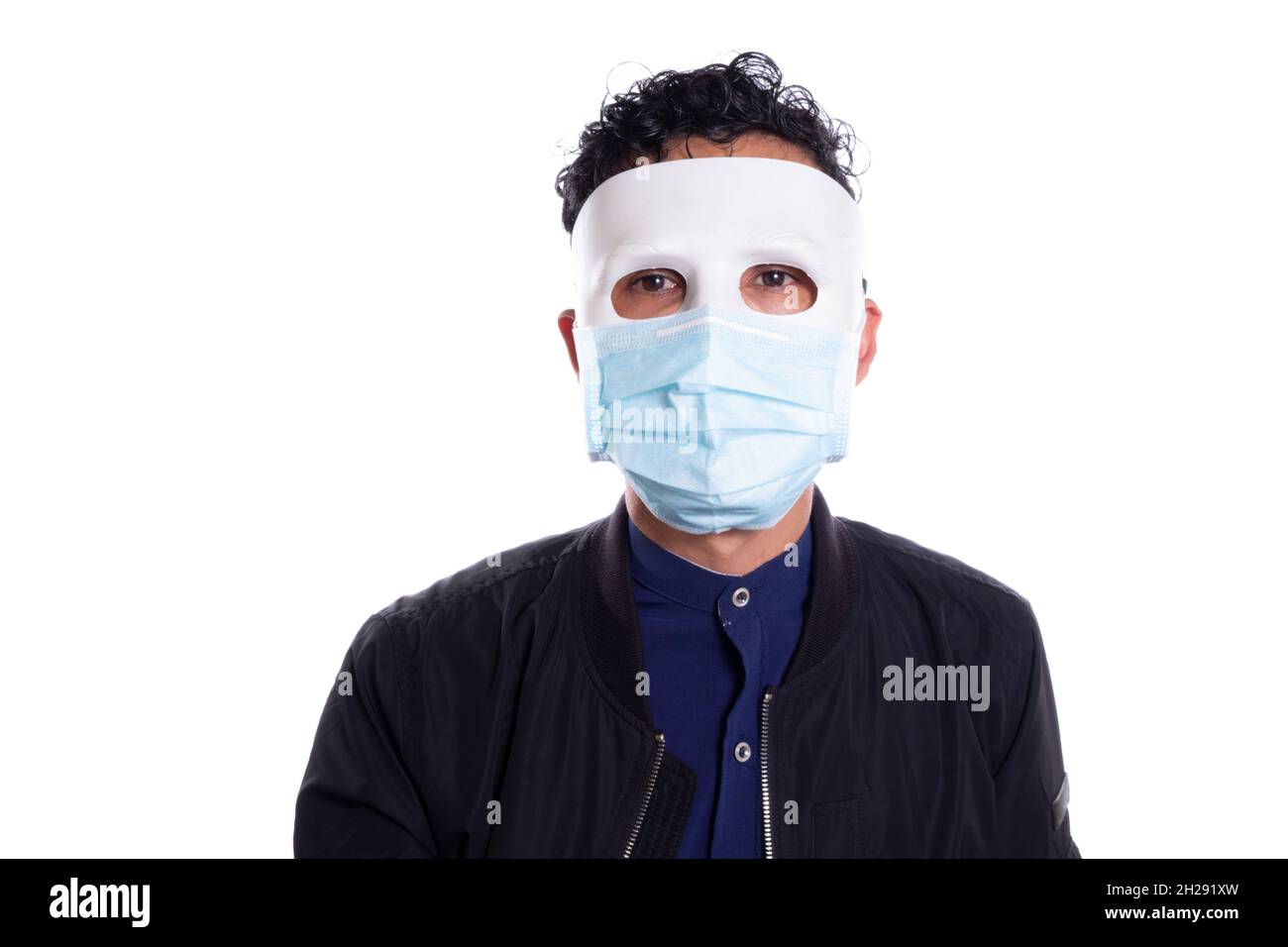 Man wearing white mask with a face mask. Isolated on white background. Costumes for covid. Biosecurity. Stock Photo