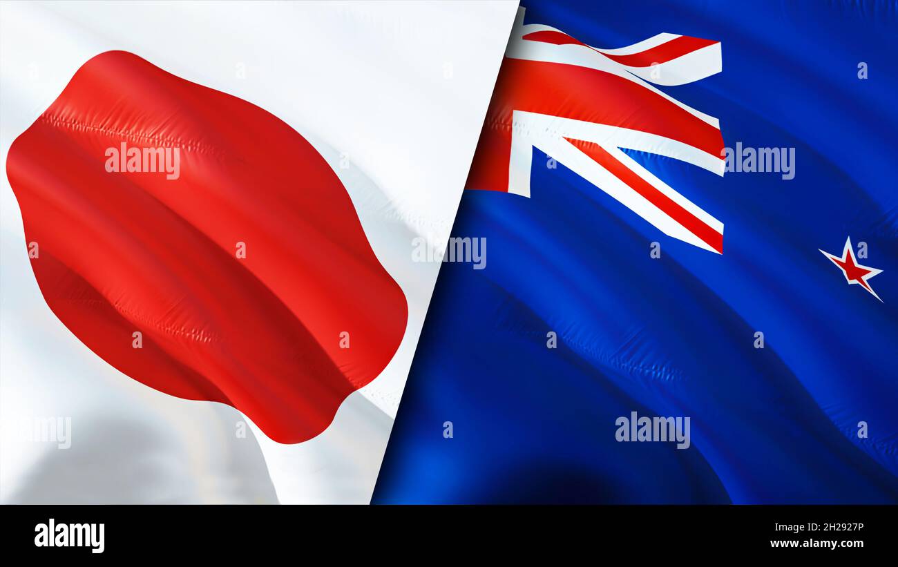 Japan and New Zealand flags. 3D Waving flag design. Japan New Zealand
