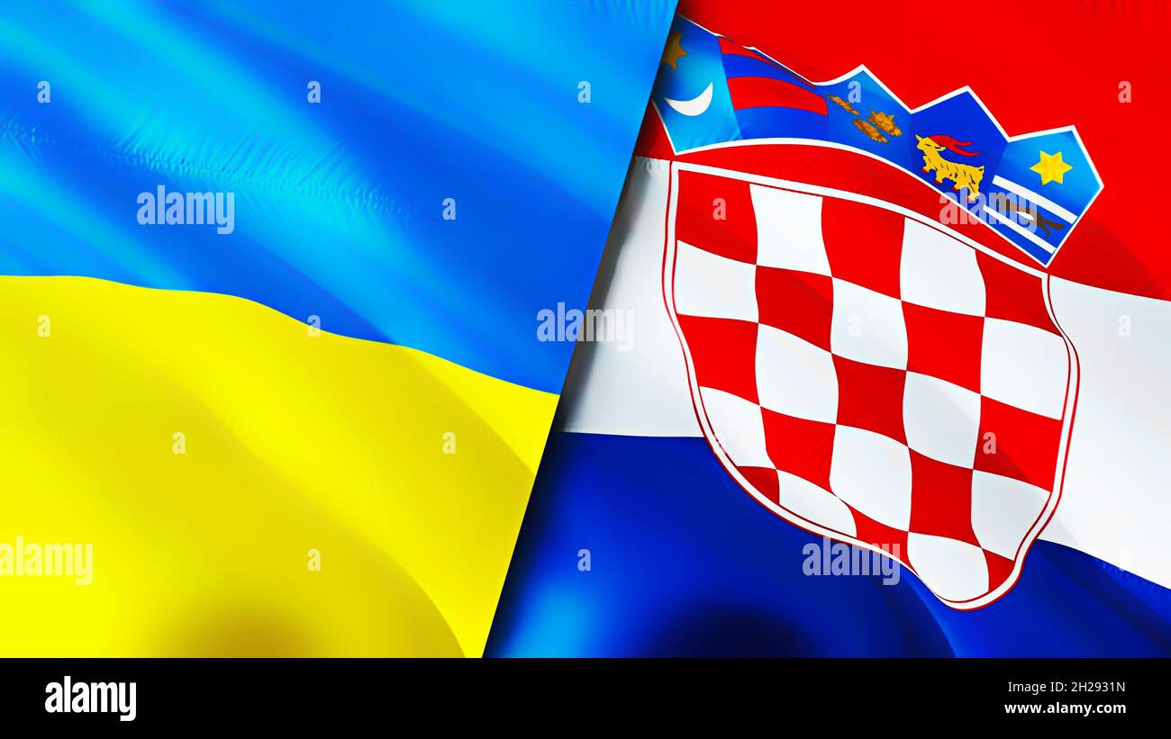 Ukraine and Croatia flags. 3D Waving flag design. Ukraine Croatia flag, picture, wallpaper. Ukraine vs Croatia image,3D rendering. Ukraine Croatia rel Stock Photo