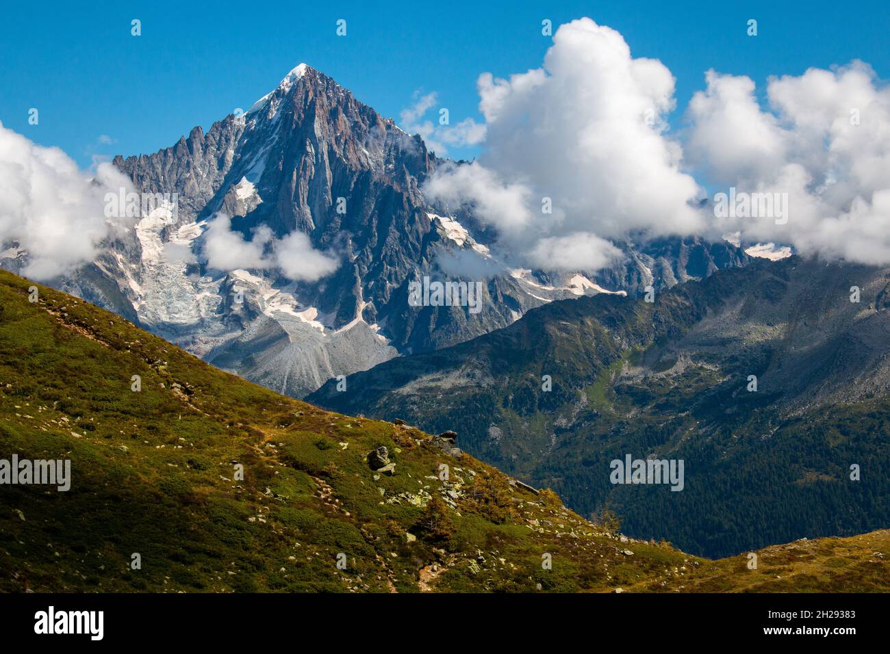 The view from a hiking trail starting at Refuge de Bellachat near Les Houches and Chamonix toward Massif du Mont Blank. September 2021 Stock Photo
