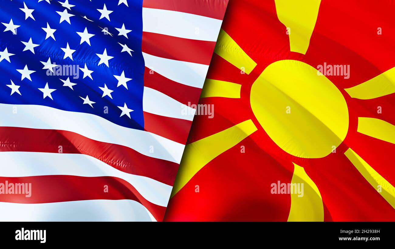 United States and North Macedonia flags. 3D Waving flag design. United