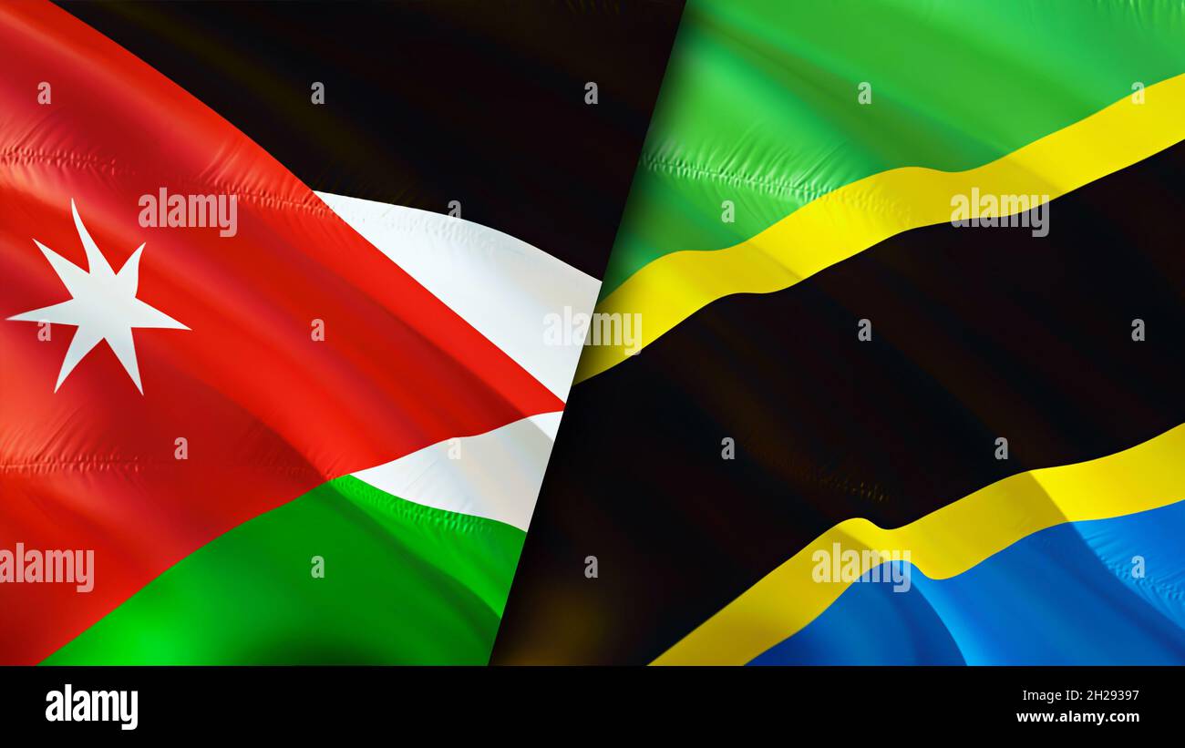Jordan and Tanzania flags. 3D Waving flag design. Tanzania Jordan flag, picture, wallpaper. Jordan vs Tanzania image,3D rendering. Jordan Tanzania rel Stock Photo