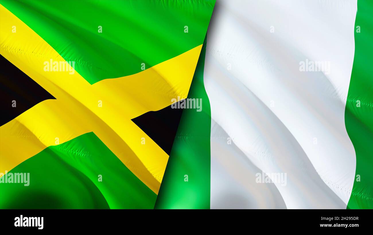 Jamaica and Nigeria flags. 3D Waving flag design. Jamaica Nigeria flag