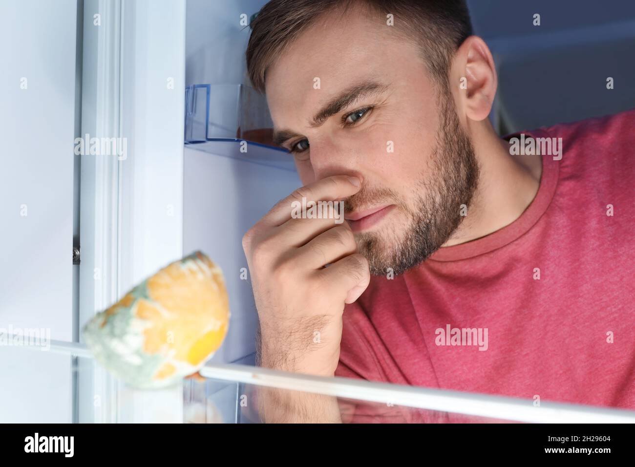 Man smelling stinky stale cheese in refrigerator Stock Photo Alamy