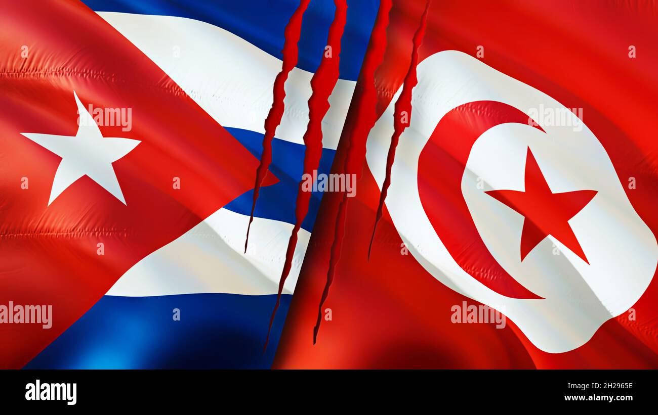 Cuba and Tunisia flags with scar concept. Waving flag 3D rendering