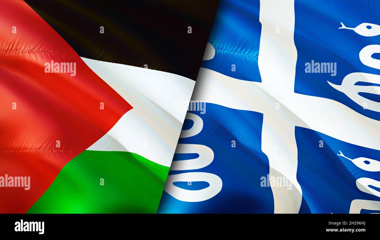 Palestine and Martinique flags. 3D Waving flag design. Palestine