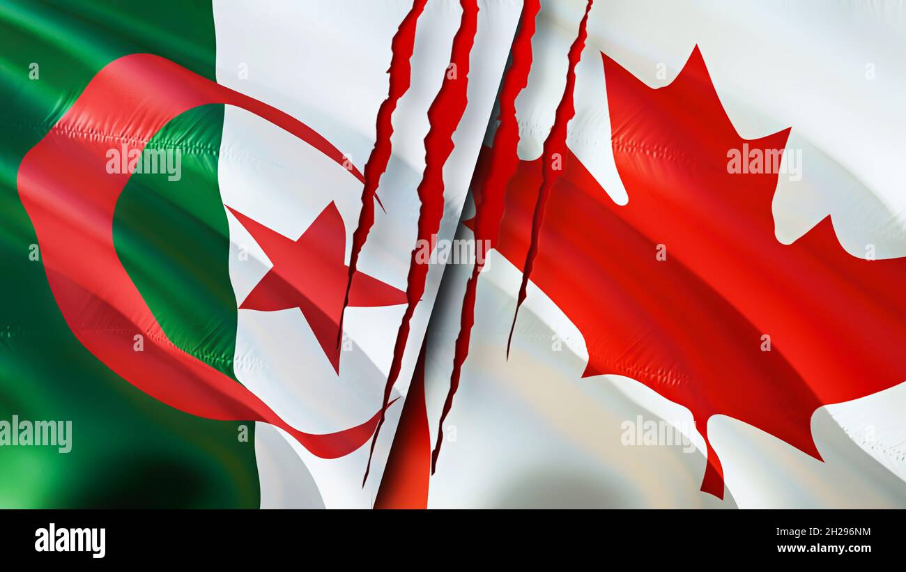 Algeria and canada flags with scar concept. Waving flag 3D rendering