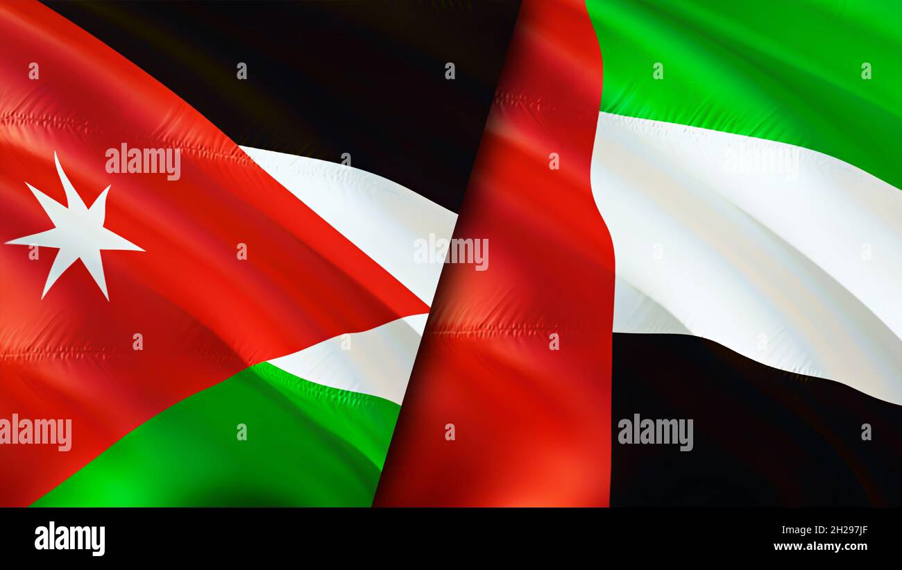 Jordan and United Arab Emirates flags. 3D Waving flag design. United Arab Emirates Jordan flag, picture, wallpaper. Jordan vs United Arab Emirates ima Stock Photo