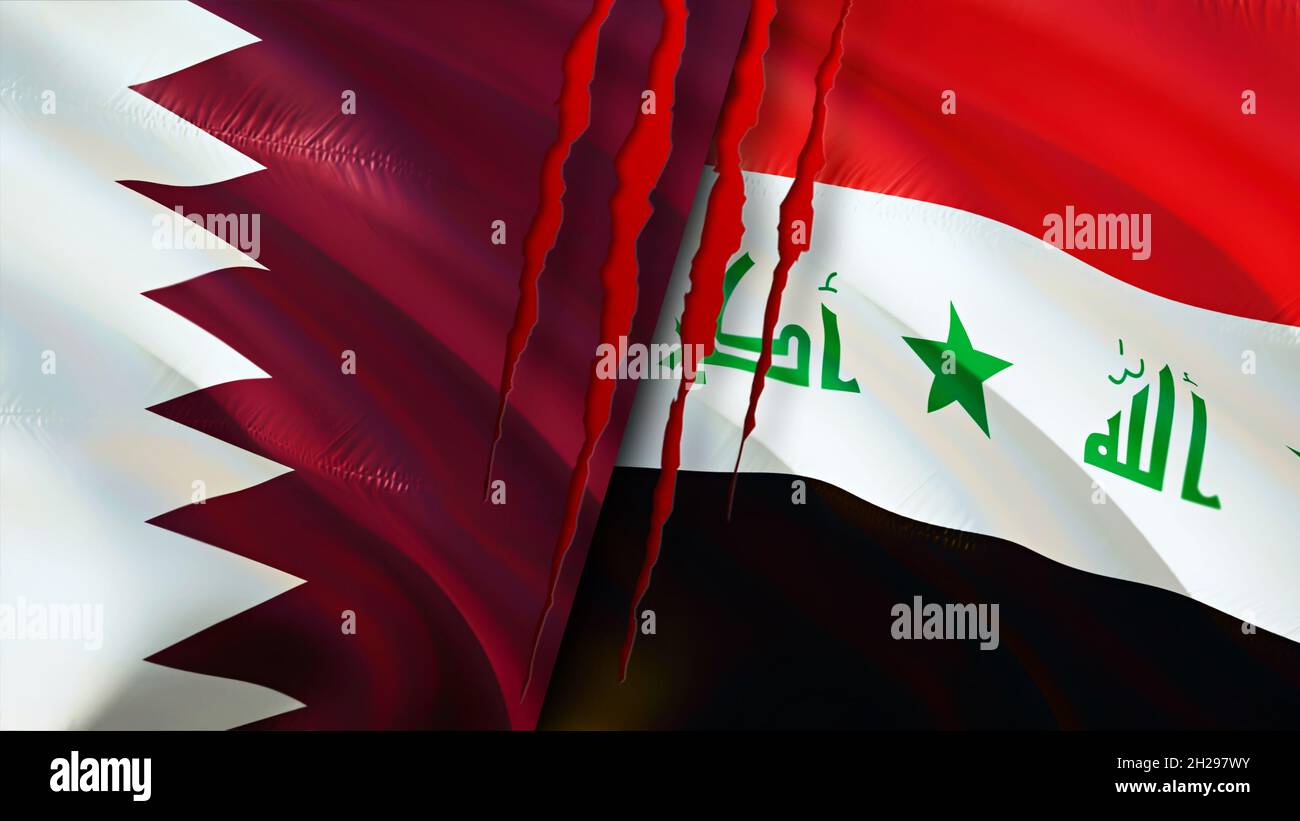 Qatar and Iraq flags with scar concept. Waving flag,3D rendering. Iraq