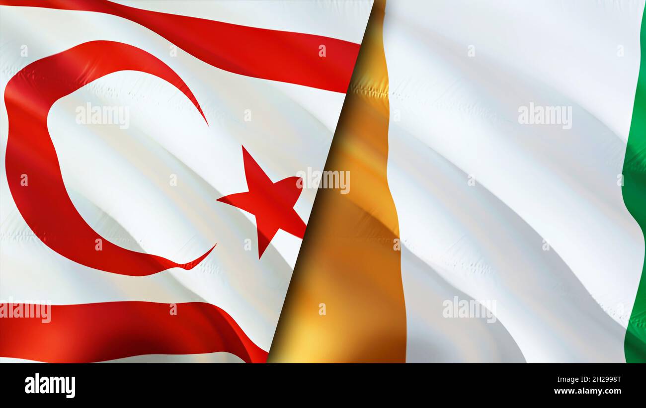 Northern Cyprus and Cote d'Ivoire flags. 3D Waving flag design. Northern Cyprus Cote d'Ivoire flag, picture, wallpaper. Northern Cyprus vs Cote d'Ivoi Stock Photo