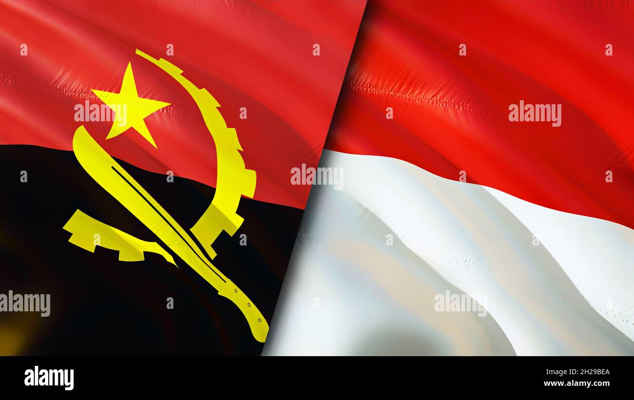 Angola and Indonesia flags. 3D Waving flag design. Angola Indonesia