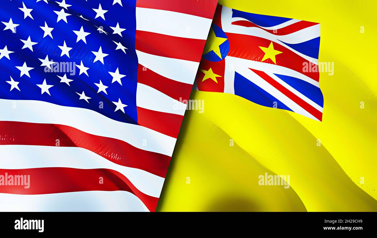 United States and Niue flags. 3D Waving flag design. United States Niue flag, picture, wallpaper. United States vs Niue image,3D rendering. United Sta Stock Photo