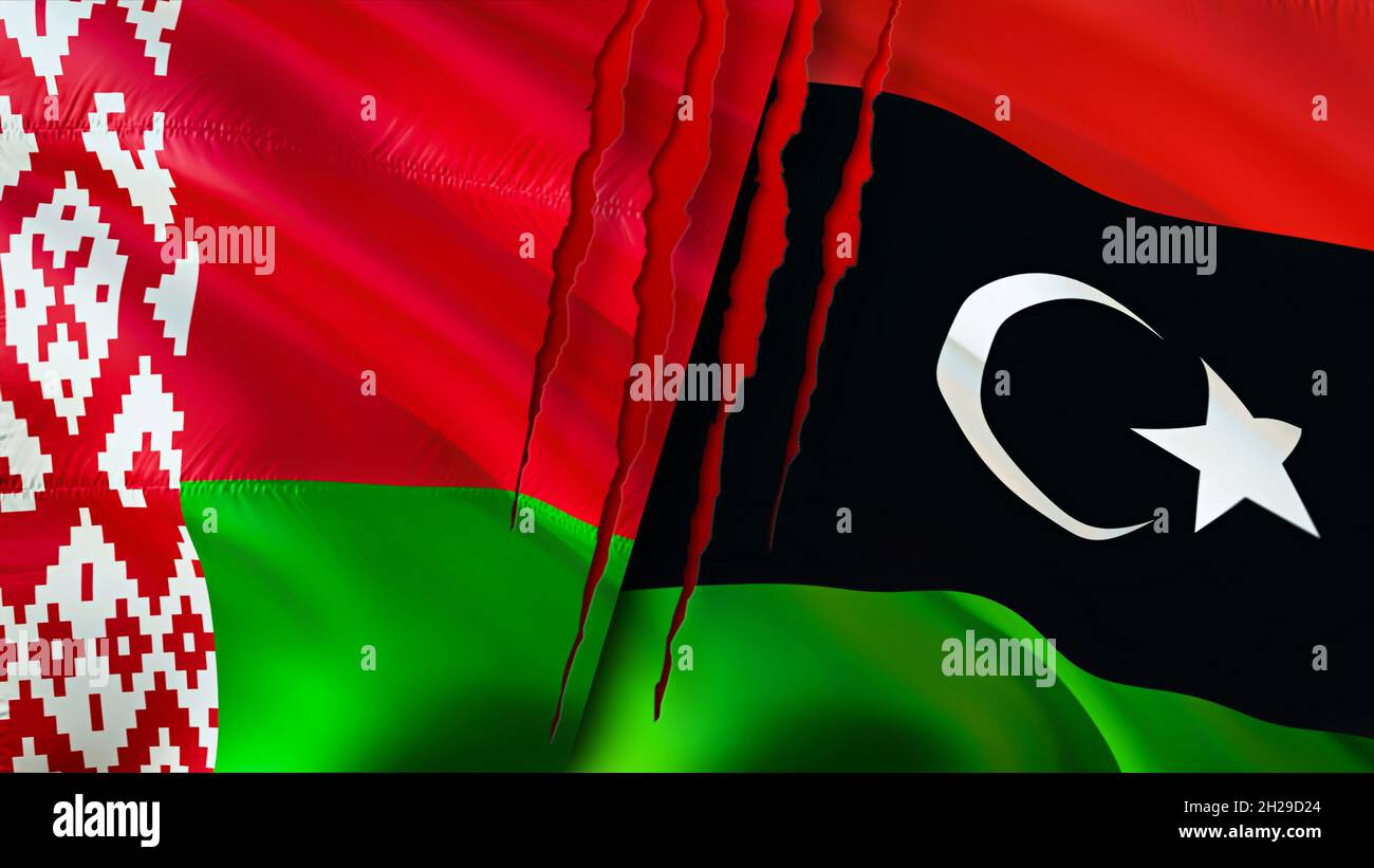 Belarus and Libya flags with scar concept. Waving flag,3D rendering
