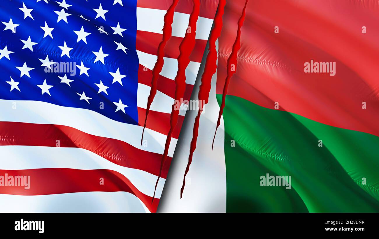 United States and Madagascar flags with scar concept. Waving flag,3D