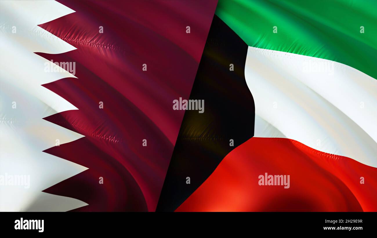Qatar and Kuwait flags. 3D Waving flag design. Kuwait Qatar flag