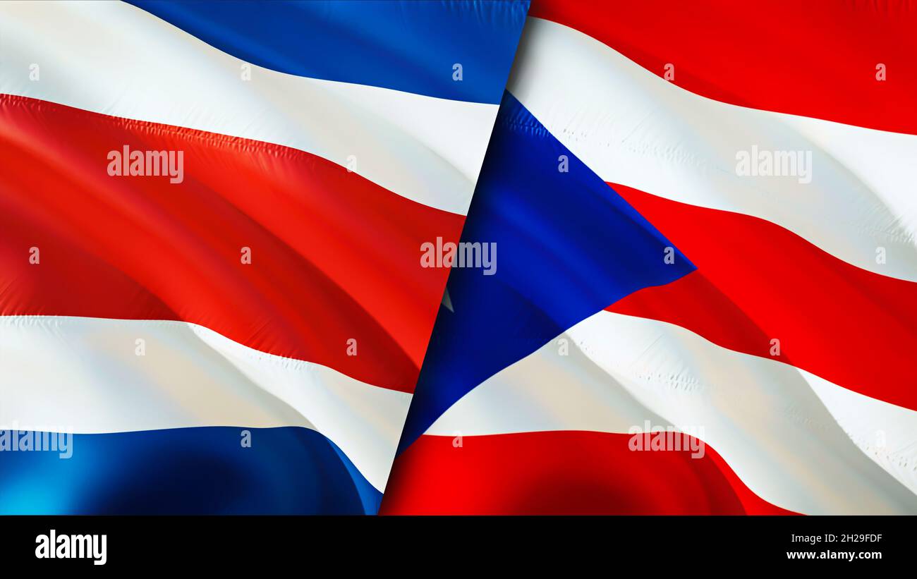 Costa Rica and Puerto Rico flags. 3D Waving flag design. Costa Rica