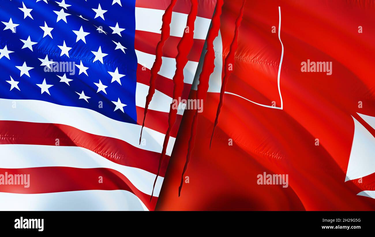 United States and Wallis and Futuna flags with scar concept. Waving flag,3D rendering. United States and Wallis and Futuna conflict concept. United St Stock Photo