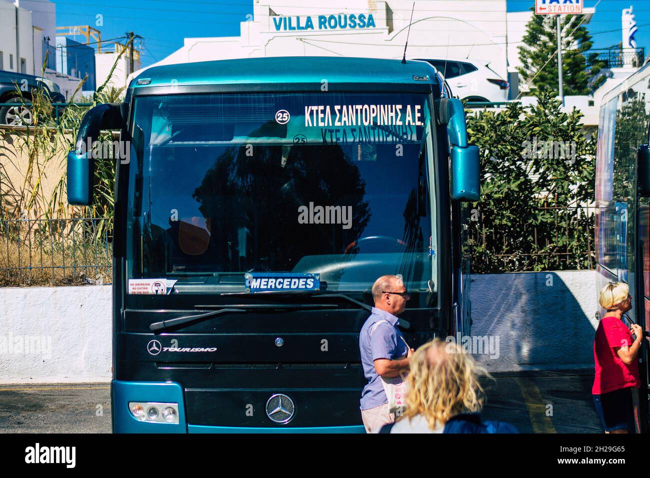 Santorini, Fira, Greece October 20, 2021 Buses at the bus station, all the buses depart and