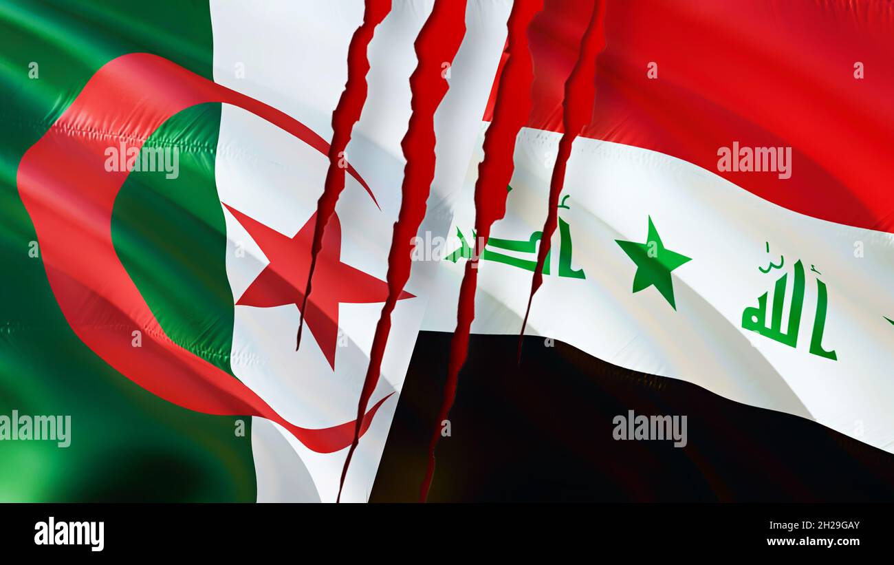 Algeria vs Iraq flag with scar concept. Algeria and Iraq Two flags, 3D rendering. Algeria flag and Iraq flag relations, cooperation strategy concept. Stock Photo