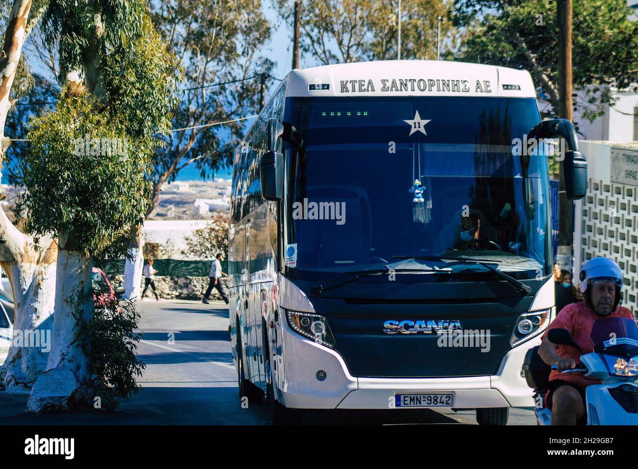 Santorini, Fira, Greece October 20, 2021 Buses at the bus station, all the buses depart and