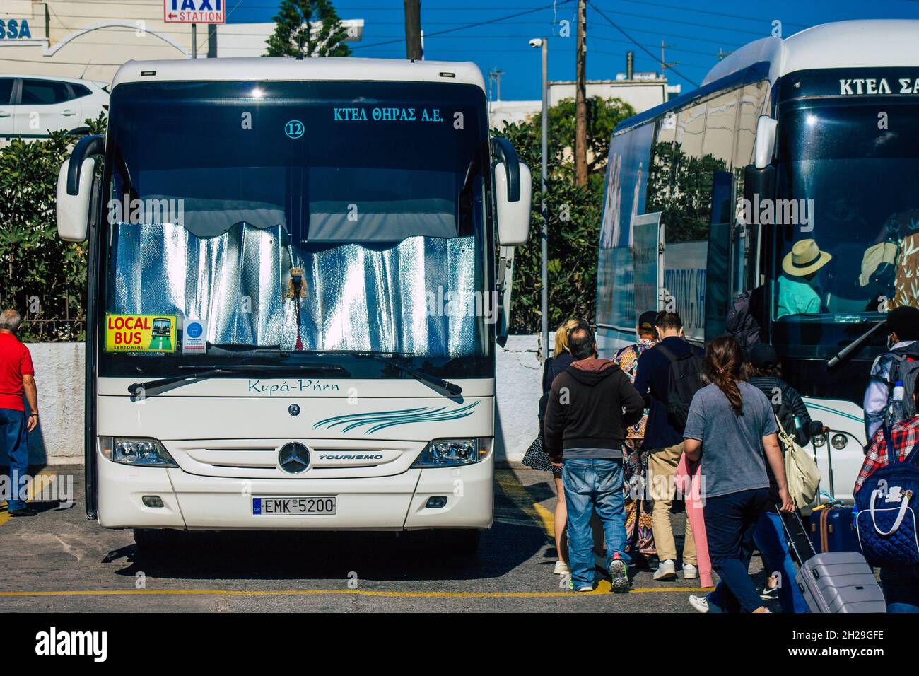 Santorini, Fira, Greece October 20, 2021 Buses at the bus station, all the buses depart and