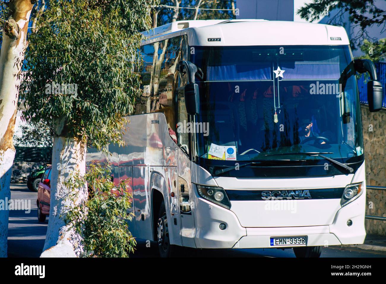 Santorini, Fira, Greece October 20, 2021 Buses at the bus station, all the buses depart and