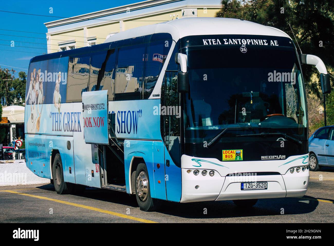 Santorini, Fira, Greece - October 20, 2021 Buses at the bus station ...