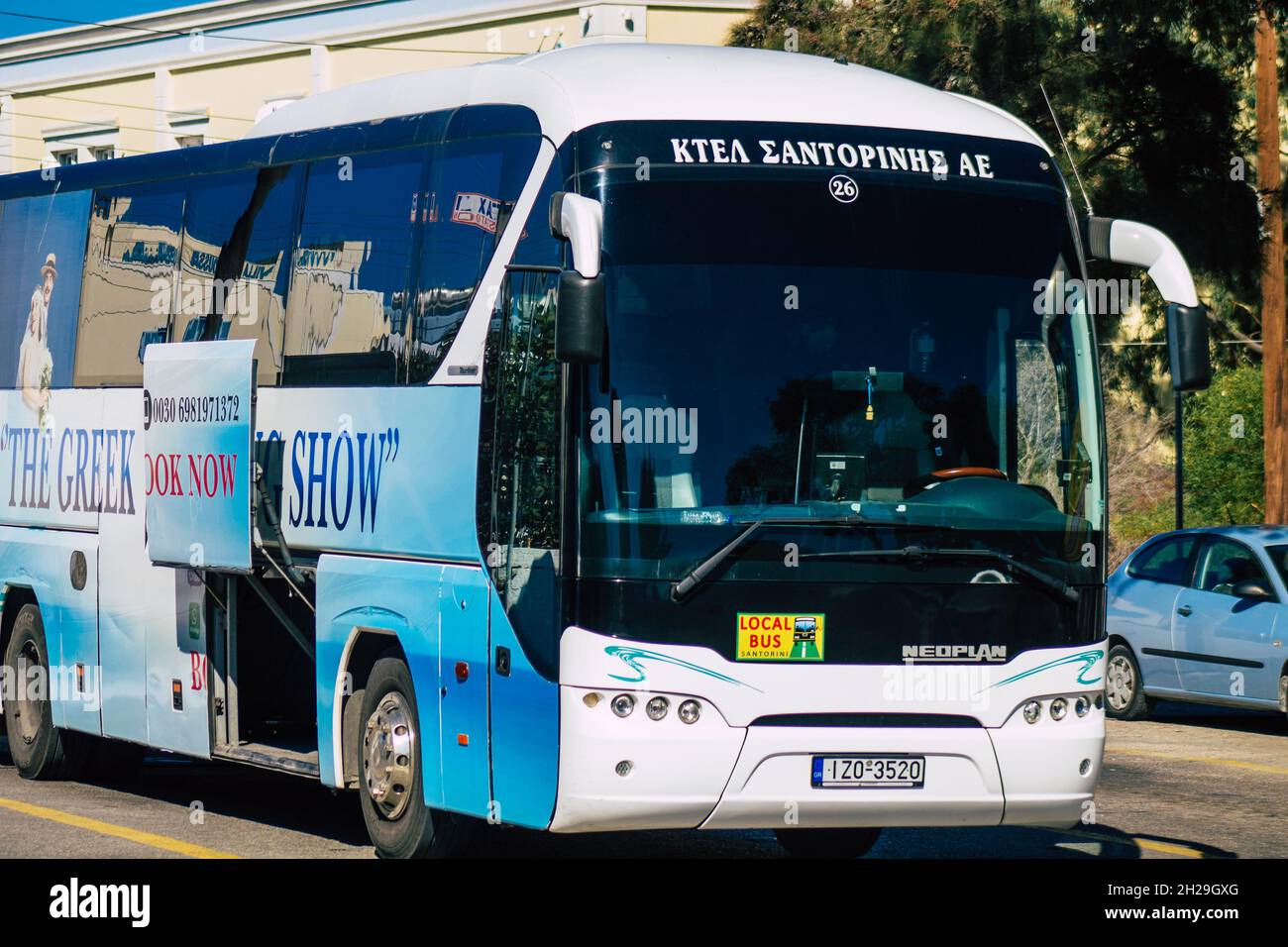 Santorini, Fira, Greece October 20, 2021 Buses at the bus station, all the buses depart and