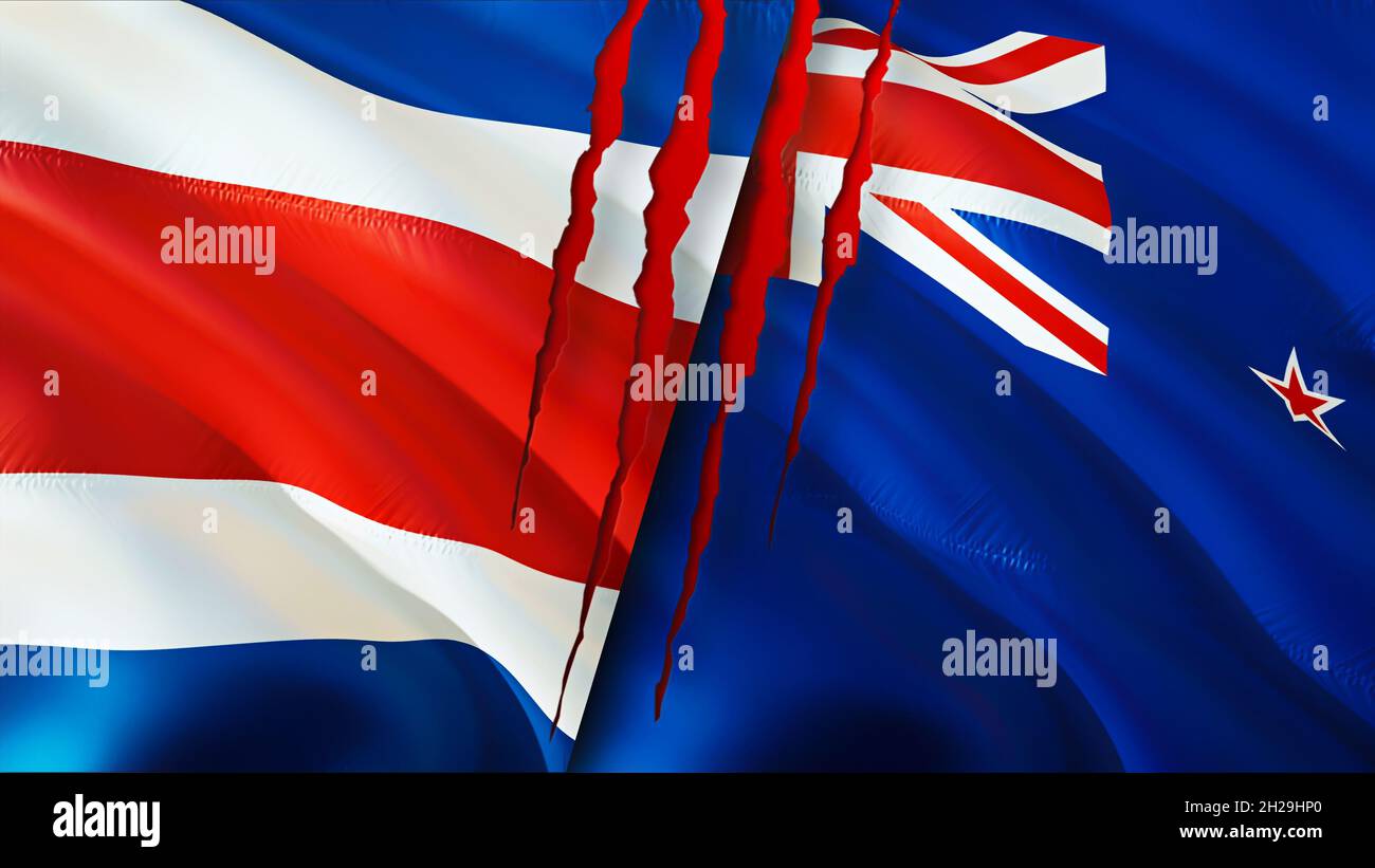 Costa Rica and New Zealand flags with scar concept. Waving flag 3D