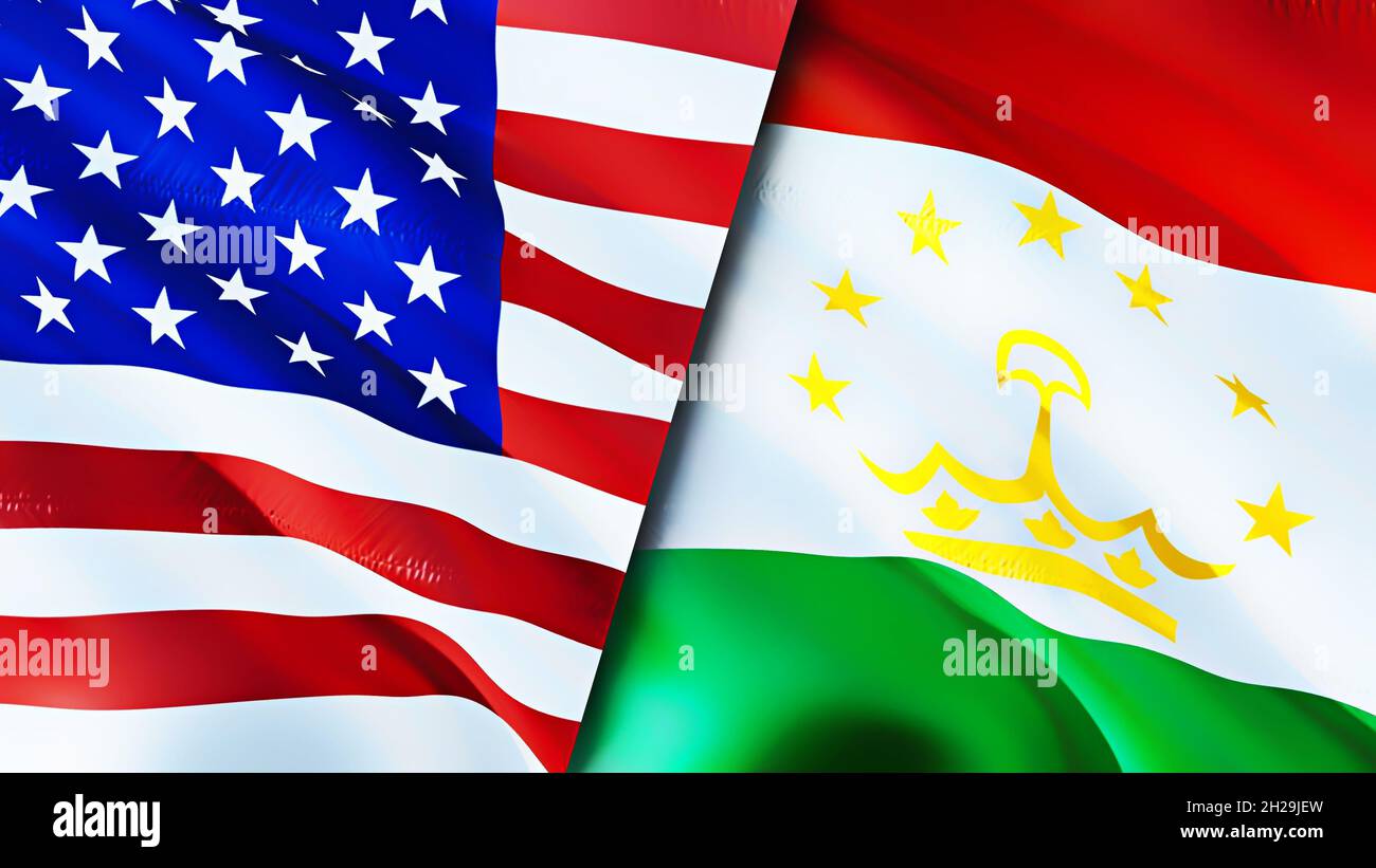 United States and Tajikistan flags. 3D Waving flag design. United States Tajikistan flag, picture, wallpaper. United States vs Tajikistan image,3D ren Stock Photo