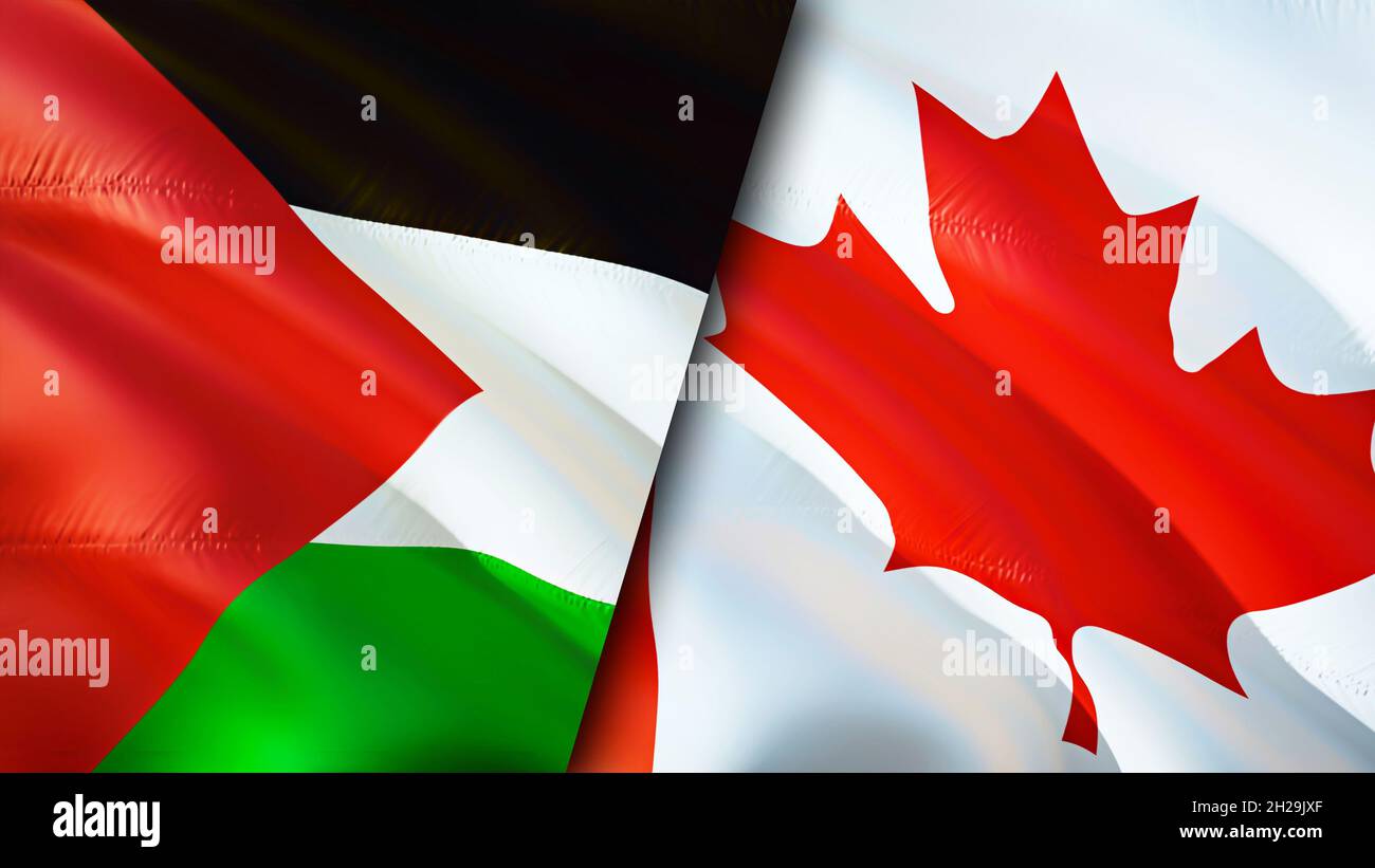 Palestine and Canada flags. 3D Waving flag design. Palestine Canada