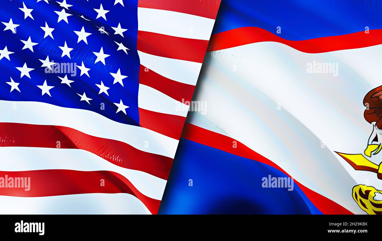 United States and American Samoa flags. 3D Waving flag design. United States American Samoa flag, picture, wallpaper. United States vs American Samoa Stock Photo