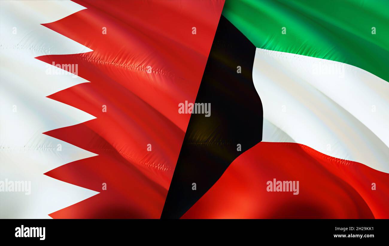 Bahrain and Kuwait flags. 3D Waving flag design. Kuwait Bahrain flag, picture, wallpaper
