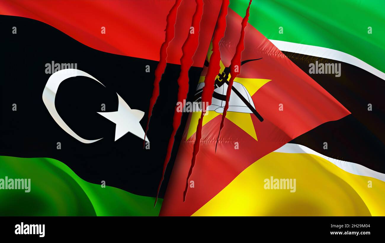 Libya and Mozambique flags with scar concept. Waving flag,3D rendering