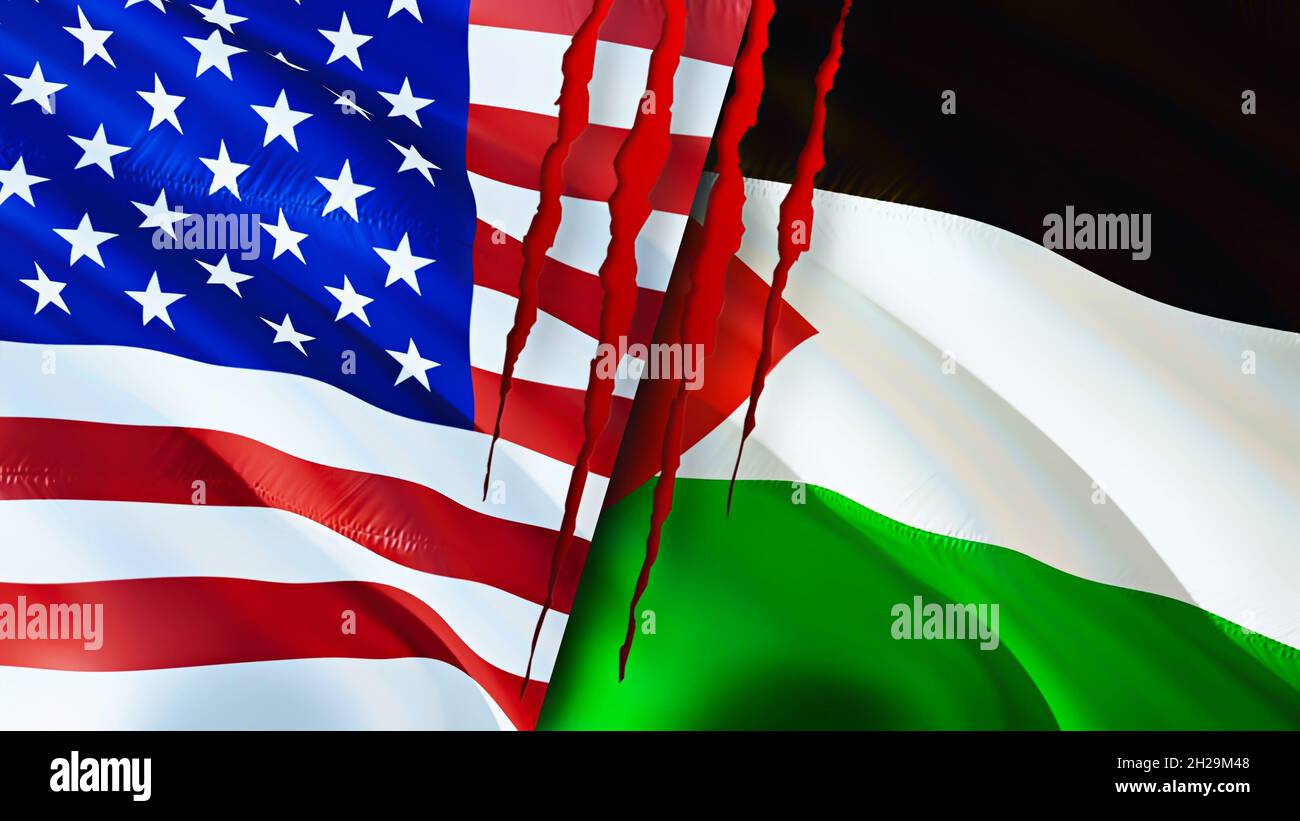 United States and Palestine flags with scar concept. Waving flag,3D