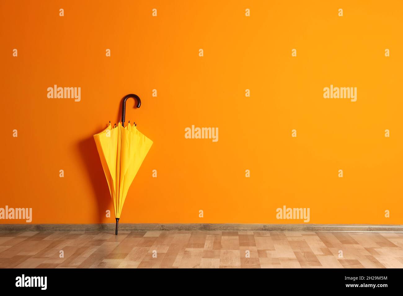 Beautiful umbrella on floor near color wall with space for design Stock