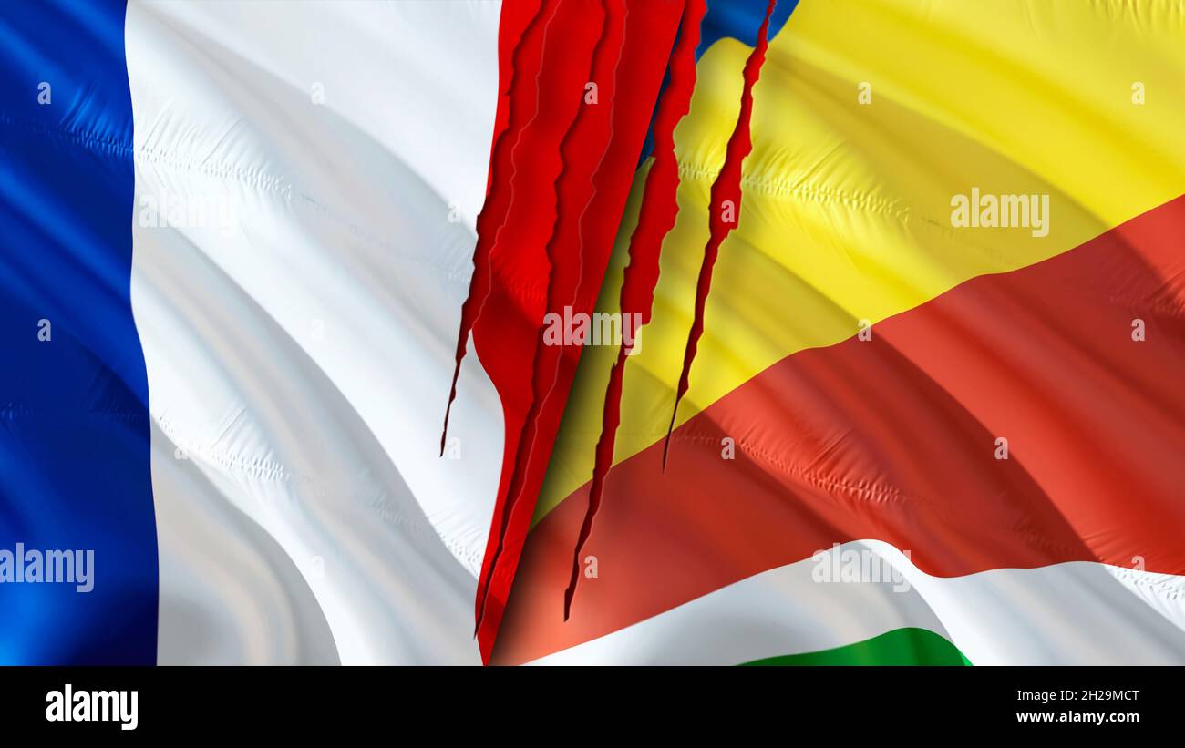 France and seychelles flags with scar concept waving flag 3d rendering