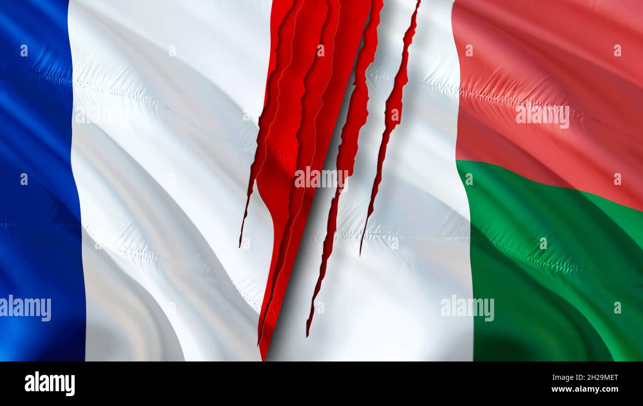 France and Madagascar flags with scar concept. Waving flag,3D rendering. France and Madagascar